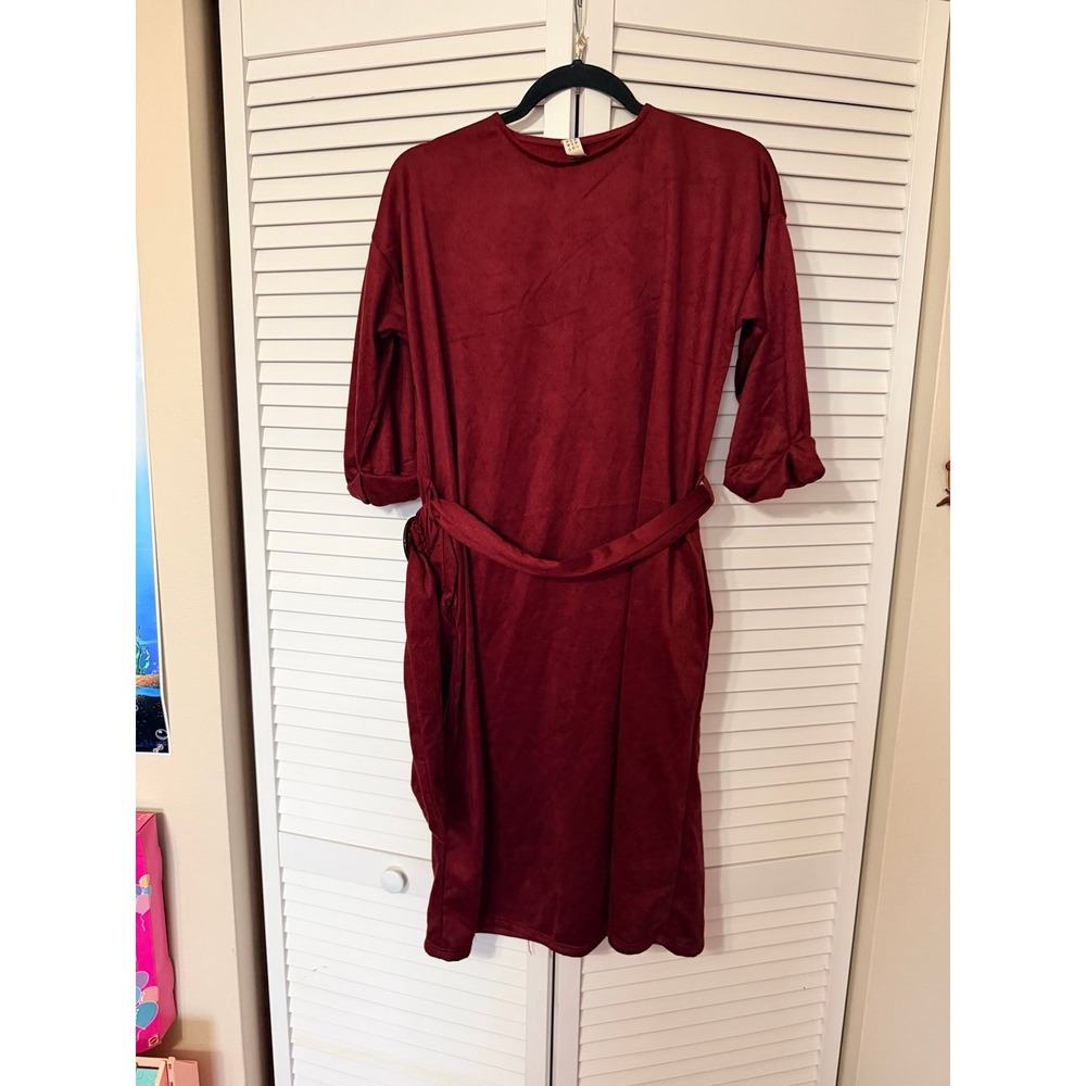 FLAMINGO BURGUNDY‎ SUEDE BELTED MIDI DRESS - NEW